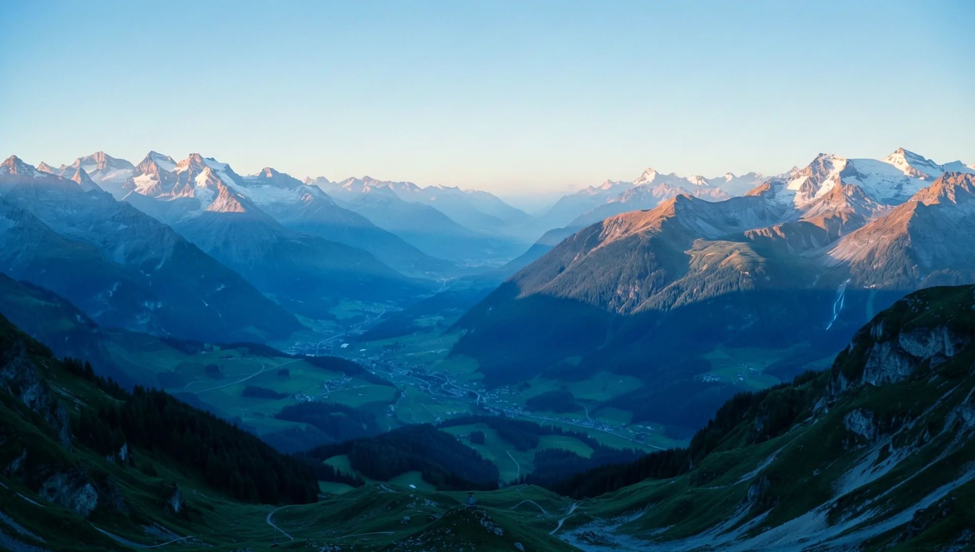 Stille alpine Landschaft bei Dämmerung